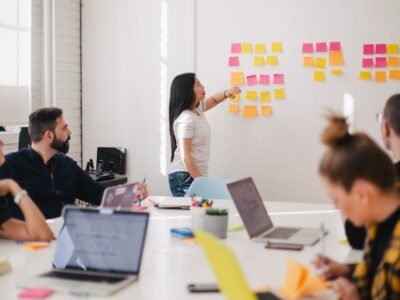 Business consultant presenting AI implementation strategy to a team 2026